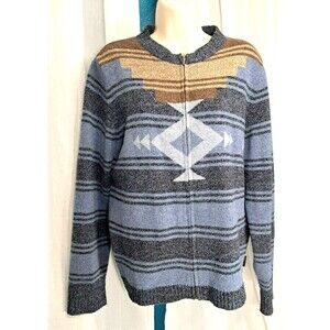 Woolrich Zip Up Sweater Womens Size Large Aztec Blue Brown Aztech Lambs Wool